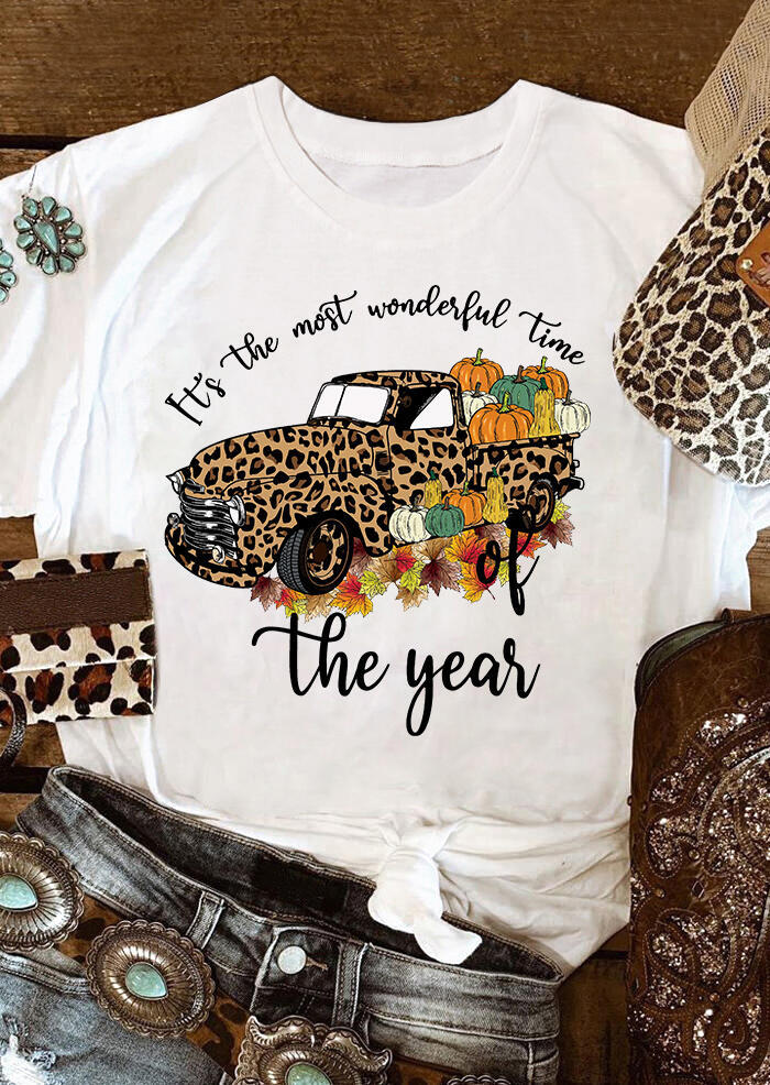 

T-shirts Tees Thanksgiving Leopard Truck Pumpkin Maple Leaf Letter T-Shirt Tee in White. Size
