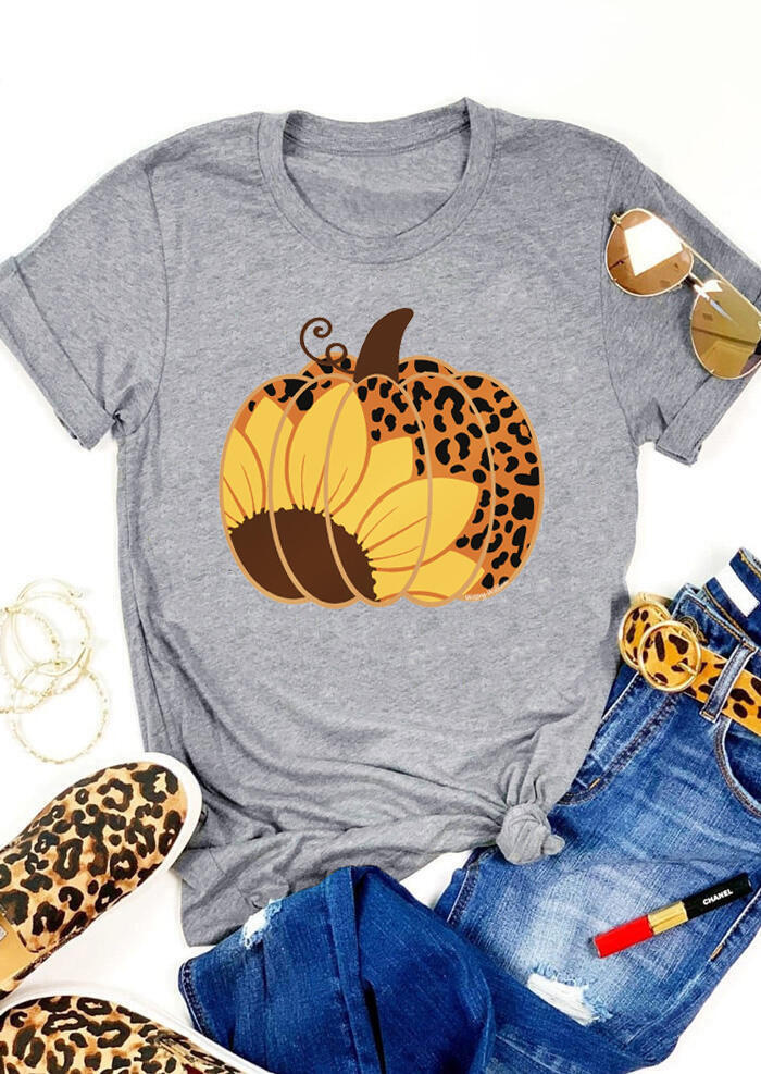 

T-shirts Tees Sunflower Leopard Pumpkin O-Neck T-Shirt Tee in Gray. Size