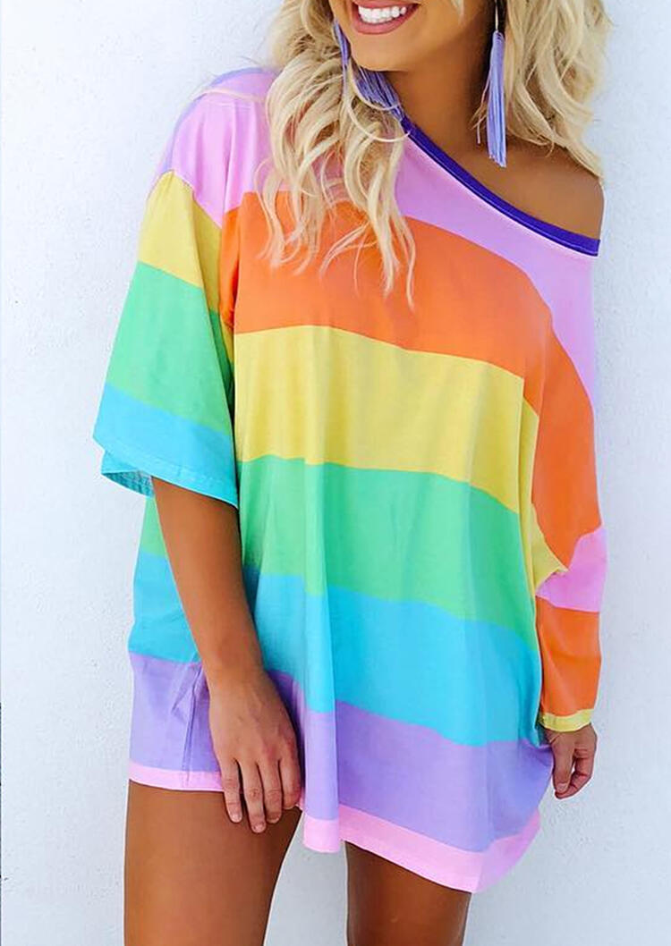 

Presale - Colorful Striped Drop-Shoulder Mini Dress, Multicolor, 482443