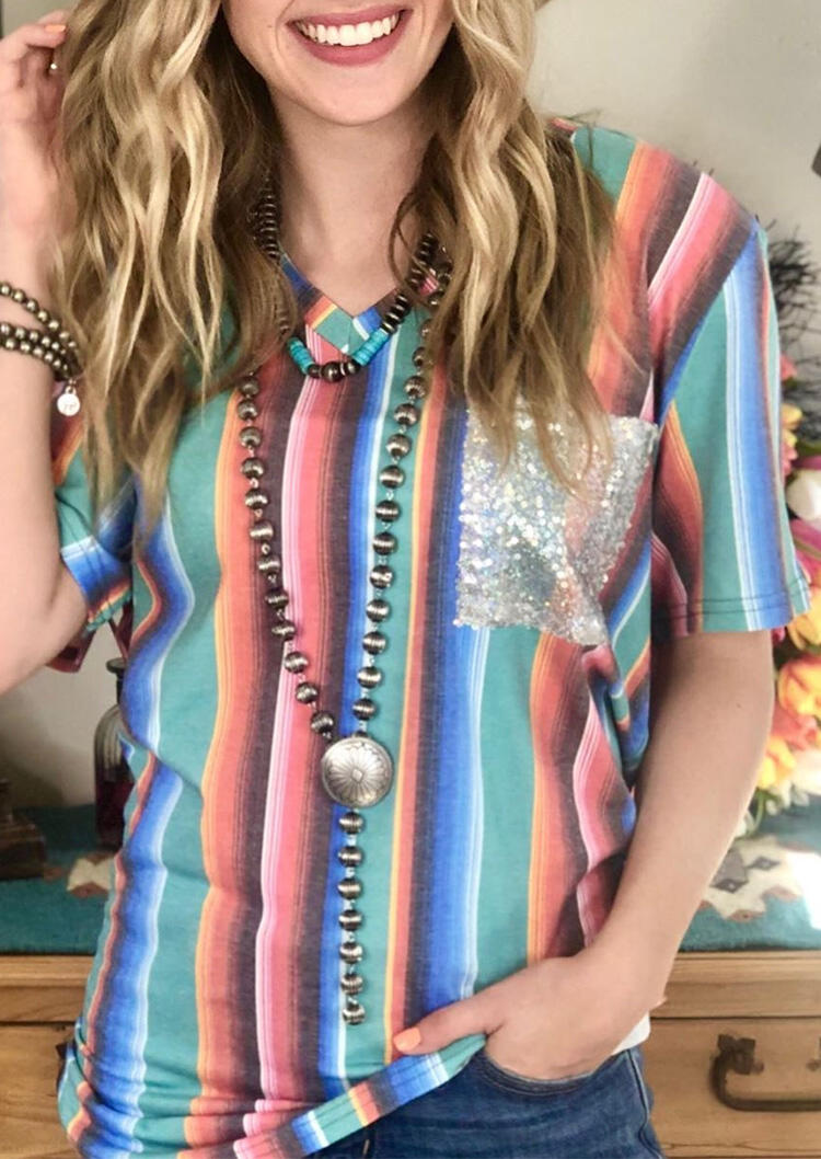 

Serape Striped Sequined Pocket T-Shirt Tee without Necklace, Multicolor, 482451
