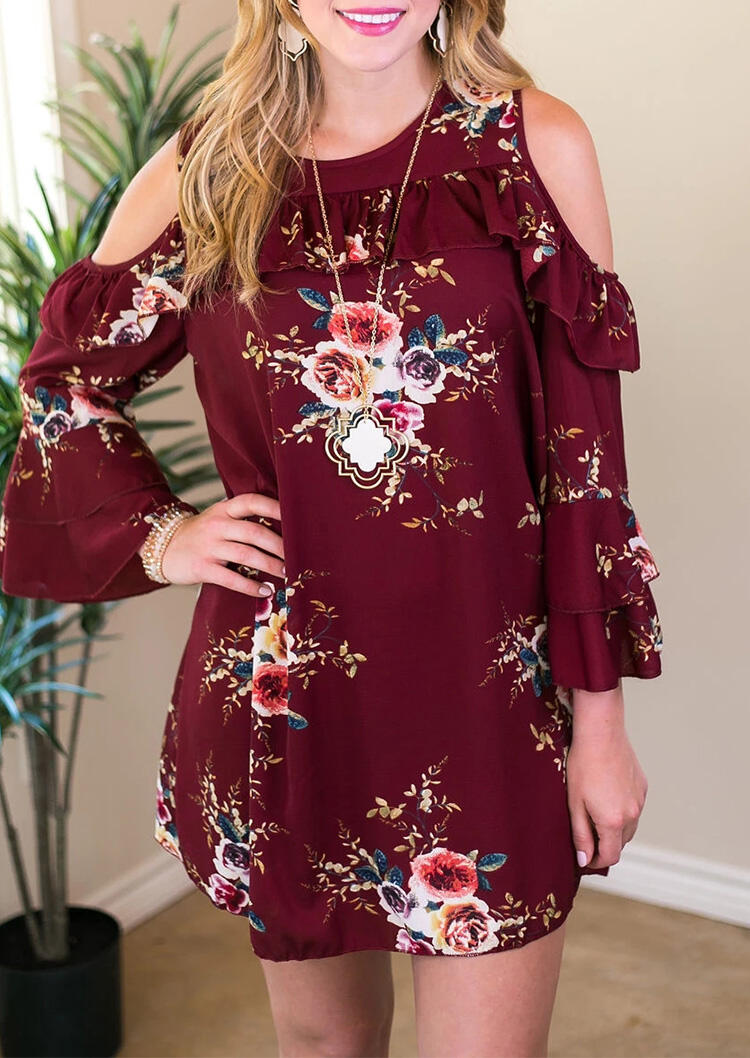 

Mini Dresses Presale - Floral Ruffled Cold Shoulder Mini Dress in Burgundy. Size: S,M,,XL