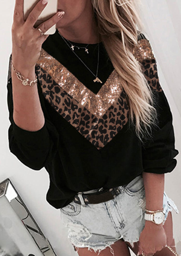 

Leopard Sequined Splicing Pullover Sweatshirt - Black, 481322