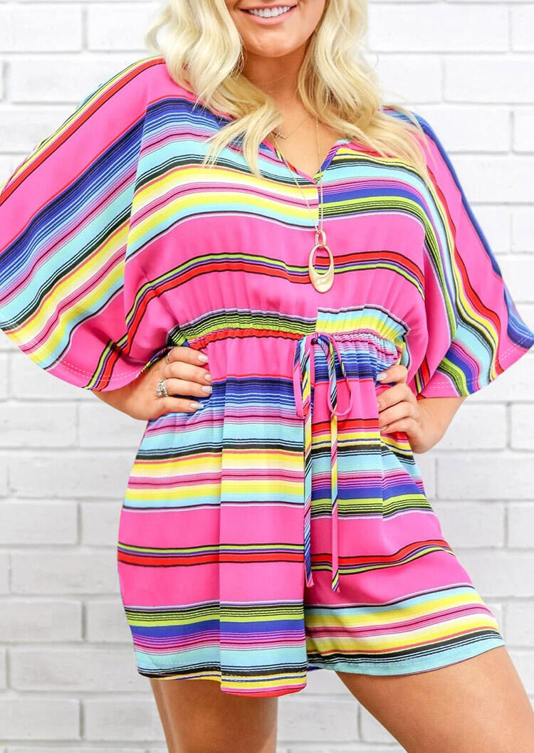 

Presale - Serape Striped Drawstring Hollow Out Tie Romper, Stripe, 482445