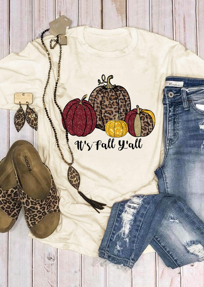 

Thanksgiving Pumpkin Leopard It' Fall Y'all T-Shirt Tee - Light Yellow, 482460