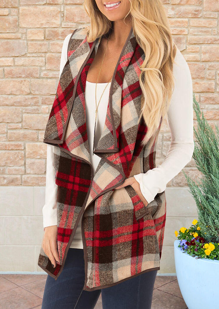 

Plaid Pocket Sleeveless Asymmetric Lapel Cardigan, 482719