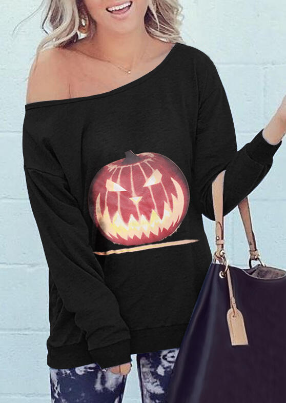 

Halloween Pumpkin Face One Shoulder Sweatshirt - Black, 482761
