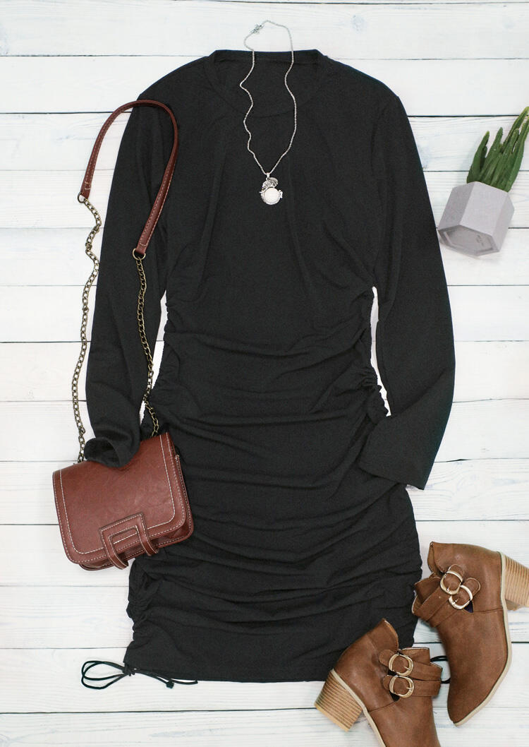 Ruched Drawstring Long Sleeve Bodycon Dress - Black