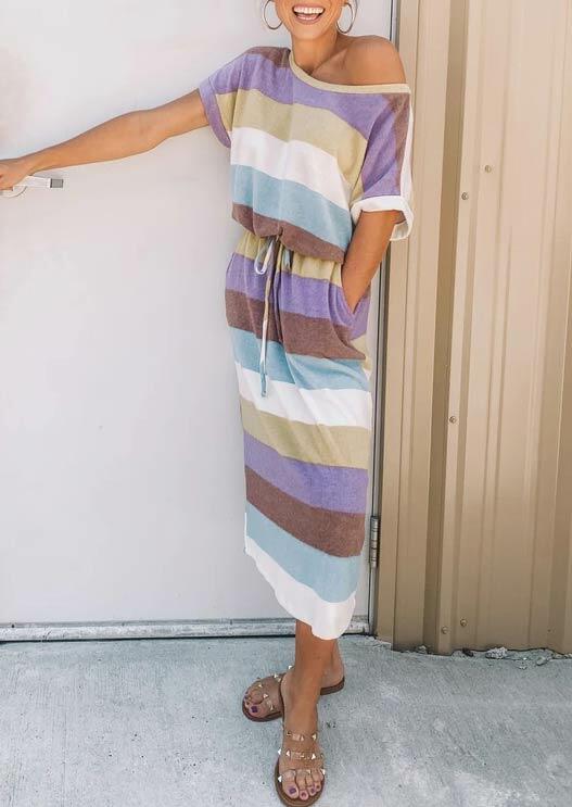 

Presale - Color Block Striped Drawstring Casual Dress, Stripe, 482828