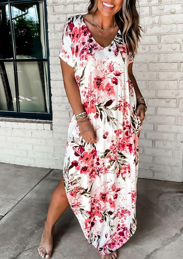 

Maxi Dresses Presale - Floral Asymmetric Slit Maxi Dress in White. Size: S,M,,XL