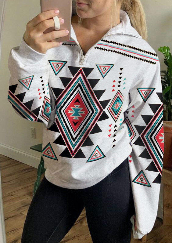 

Sweatshirts Aztec Geometric Zipper Collar Sweatshirt in Light Grey. Size