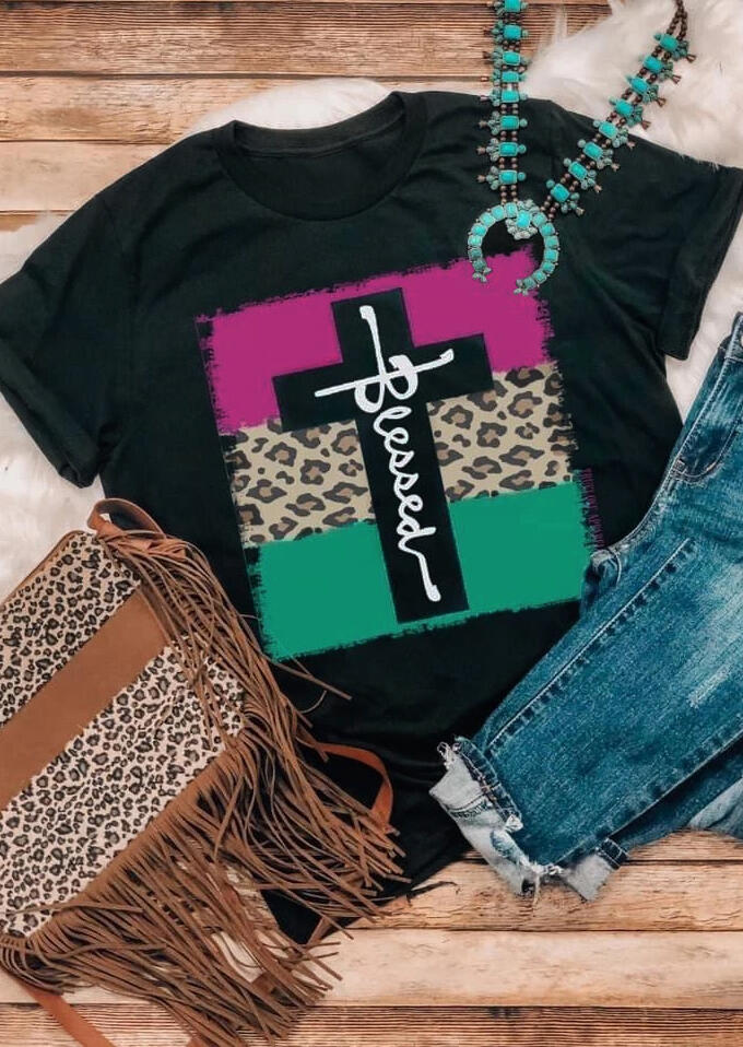 

Leopard Color Block Cross Blessed T-Shirt Tee - Black, 482005