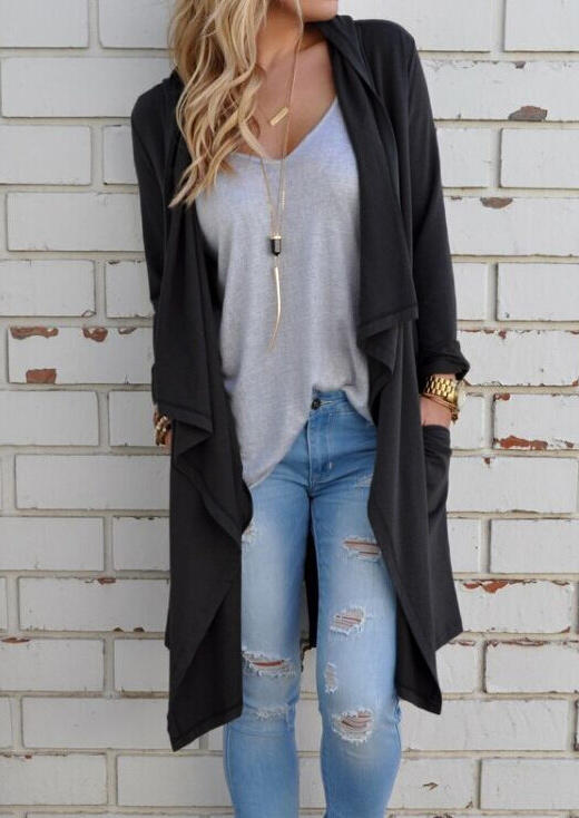 

Cardigans Pocket Waterfall Long Sleeve Slit Cardigan in Black. Size