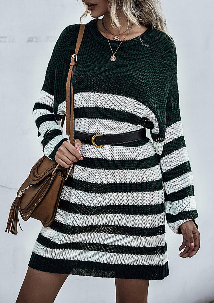 

Mini Dresses Striped Splicing Loose Knitted Sweater Mini Dress in Stripe. Size