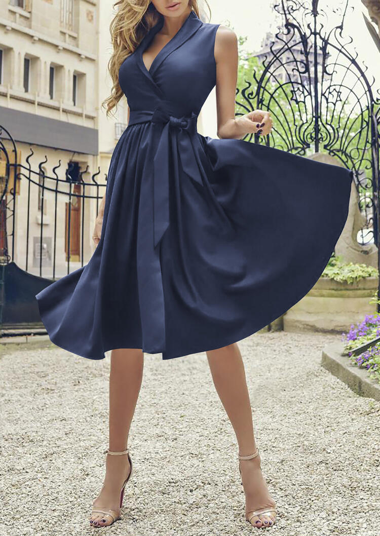 

Vintage Ruffled V-Neck X-Line Sleeveless Casual Dress - Deep Blue, 482765