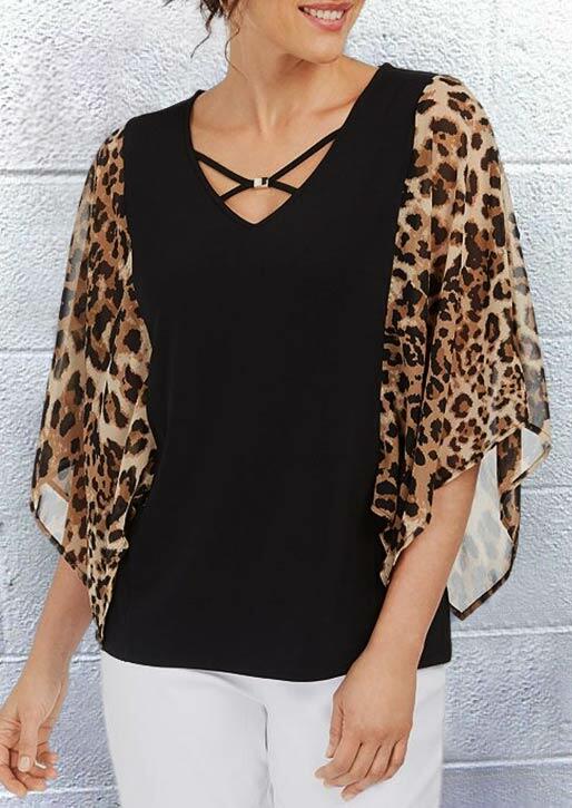 

Presale - Leopard Splicing Criss-Cross Hollow Out Blouse - Black, 482799