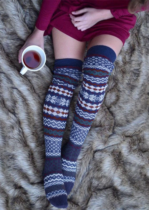 

Snowflake Geometric Thigh-High Socks Knitted Socks, Deep blue, 483022