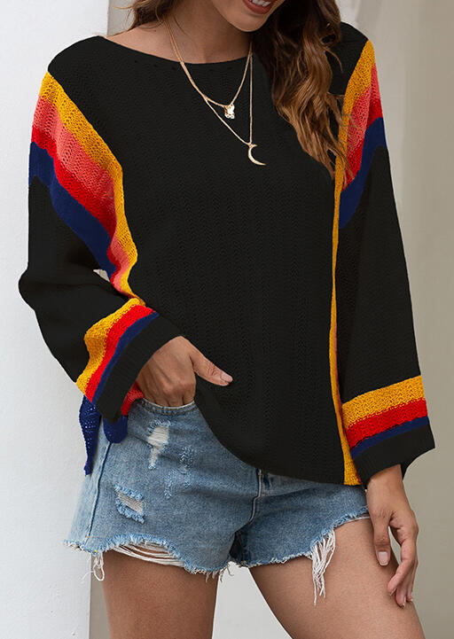 

Colorful Striped Splicing Slit Knitted Sweater - Black, 483134