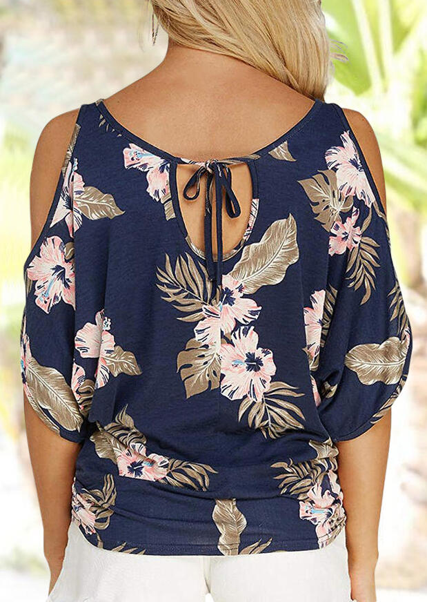 

Floral Hollow Out Tie Cold Shoulder Blouse - Navy Blue, 483169