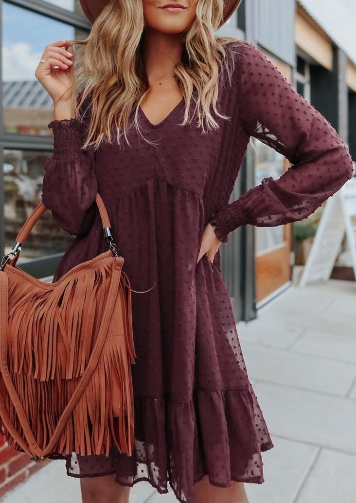 

Ruffled Dotted Long Sleeve V-Neck Mini Dress - Burgundy, 483171