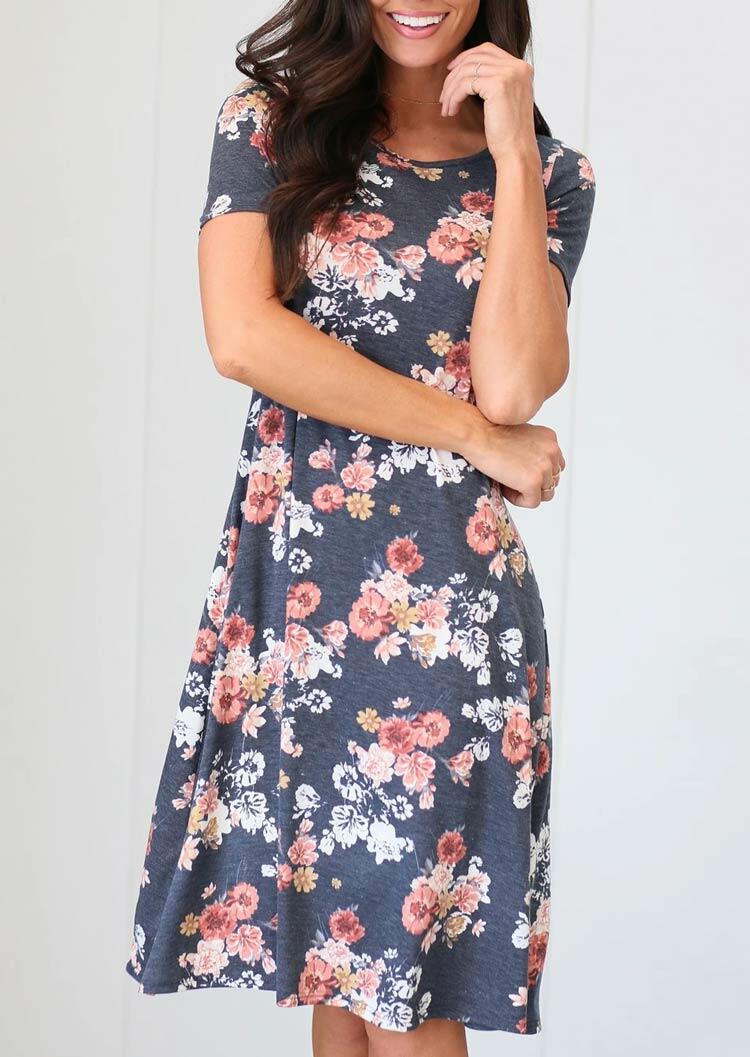 

Presale - Floral O-Neck Casual Dress - Gray, 483178