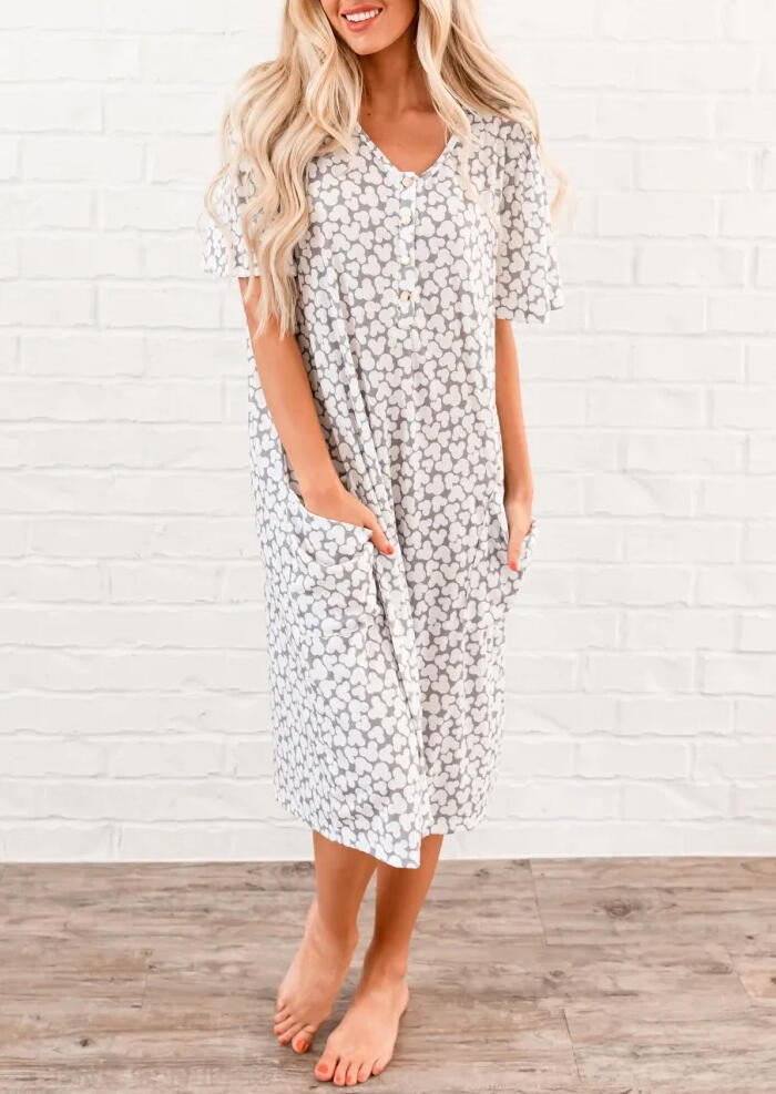 

Presale - Pocket Button V-Neck Graphic Pajama Dress - White, 483180