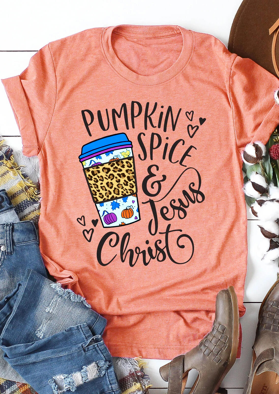 Pumpkin Spice & Jesus Christ Leopard Heart Drink T-Shirt Tee - Orange