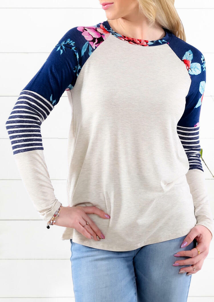 

Floral Striped Splicing Long Sleeve Blouse - Beige, 477252