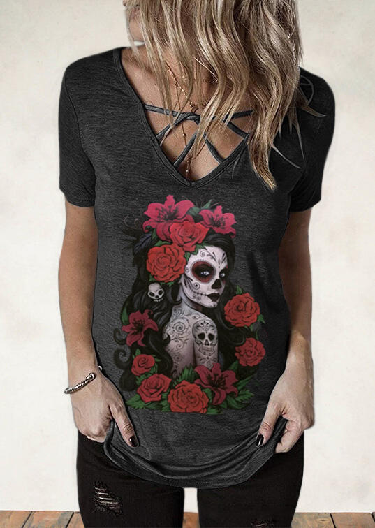 

Day Of The Dead Rose Skull Girl T-Shirt Tee - Dark Grey, 481389