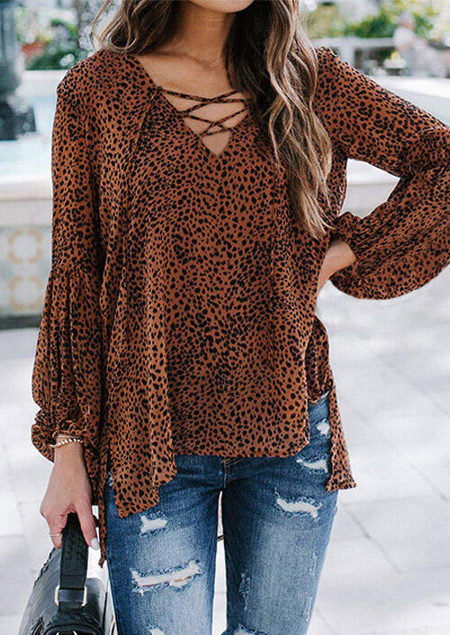 

Leopard Lace Up Ruffled Slit Elastic Cuff Asymmetric Blouse, 482867