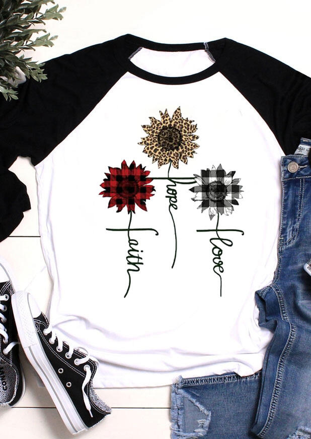 

T-shirts Tees Buffalo Plaid Leopard Sunflower Faith Hope Love T-Shirt Tee in White. Size