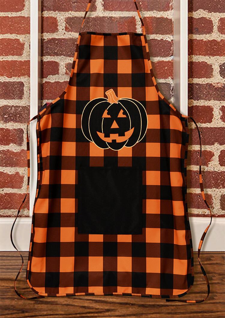 

Halloween Plaid Pumpkin Face Pocket Apron in Orange. Size