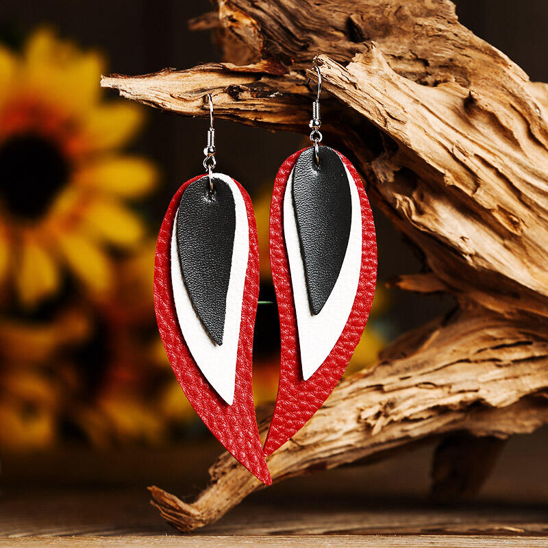

Earrings Fashion Three-Layered Leaf-Shaped PU Leather Earrings in Red. Size