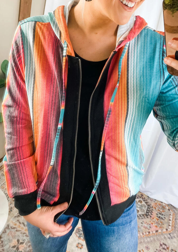 

Presale - Serape Striped Zipper Drawstring Hooded Coat, Multicolor, 483294