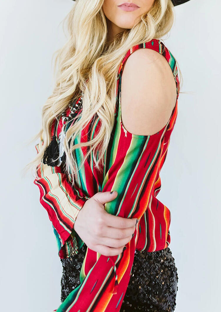 

Blouses Presale - Serape Striped Cold Shoulder Blouse without Necklace in Multicolor. Size: S,M,,XL