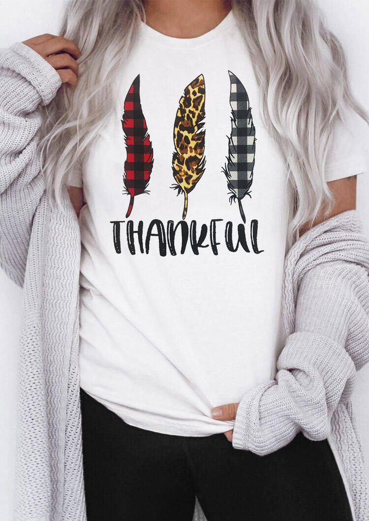 

Thankful Buffalo Plaid Leopard Feather T-Shirt Tee - White, 483456