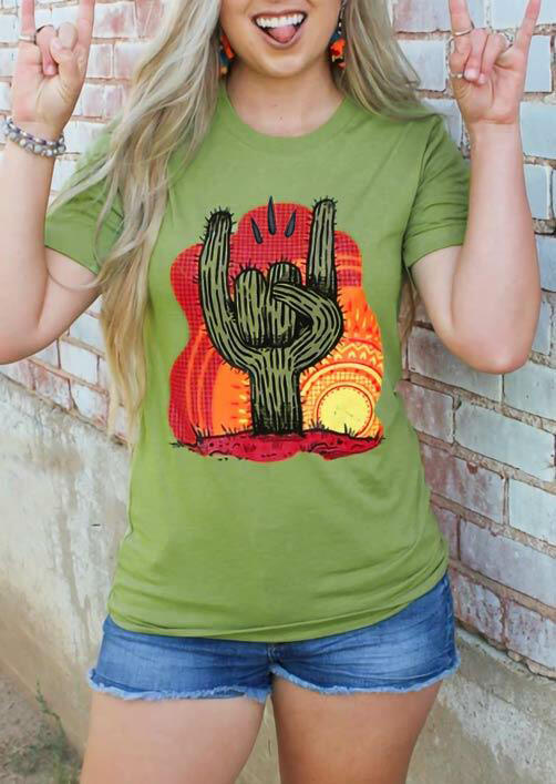 

Tees T-shirts Cactus Rock Roll Graphic T-Shirt Tee in Green. Size