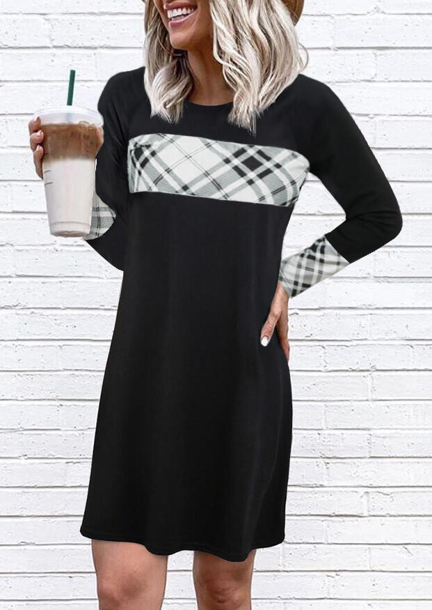 

Plaid Splicing O-Neck Mini Dress - Black, 481768