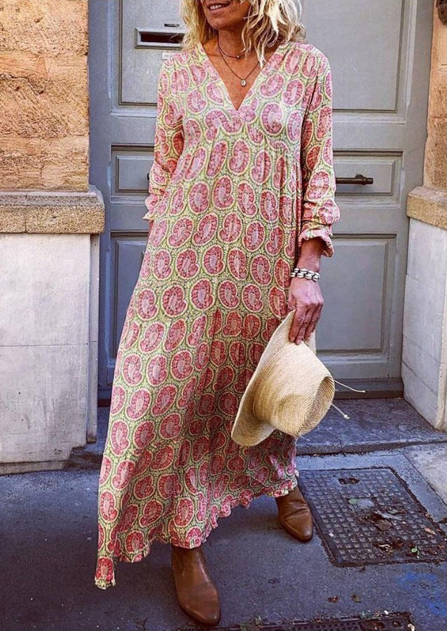

Floral Ruffled Big Hem V-Neck Loose Maxi Dress - Pink, 482845