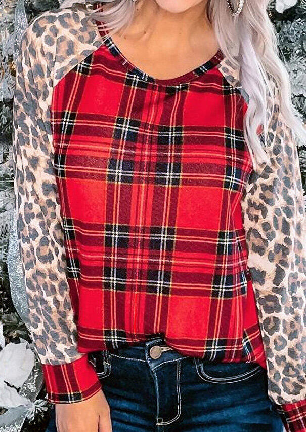 

Leopard Buffalo Plaid Splicing O-Neck Blouse, 482877