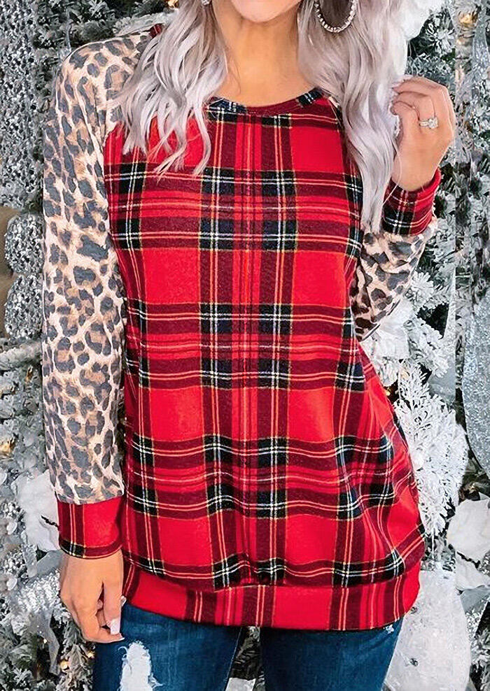 

Blouses Leopard Buffalo Plaid Splicing O-Neck Blouse in Plaid. Size