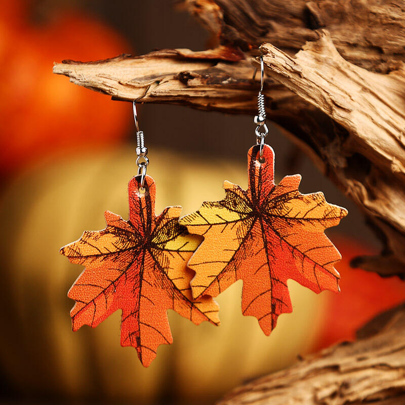 

Thanksgiving Maple Leaf Plaid Leather Earrings, Black;orange, 483222