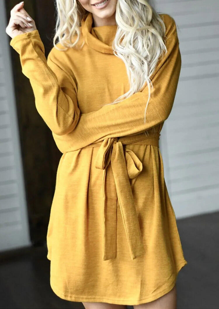 Asymmetric Long Sleeve Cowl Neck Mini Dress - Yellow