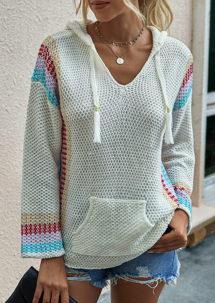 Colorful Striped Kangaroo Pocket Drawstring Hooded Sweater - White