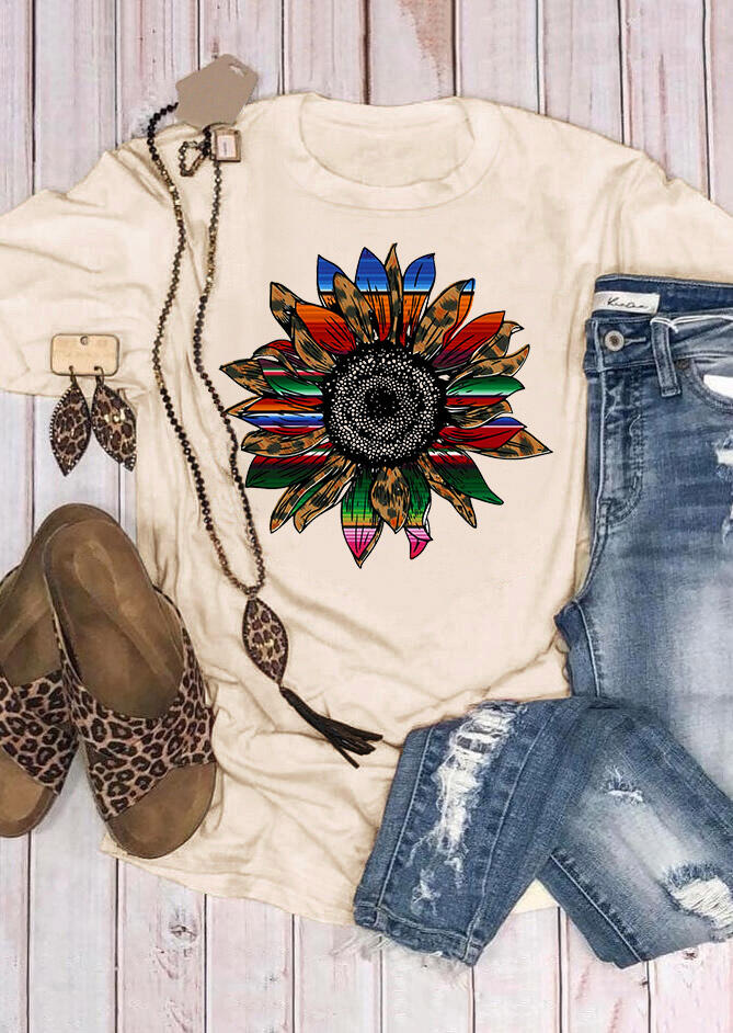 

Leopard Serape Striped Sunflower T-Shirt Tee - Apricot, 483451