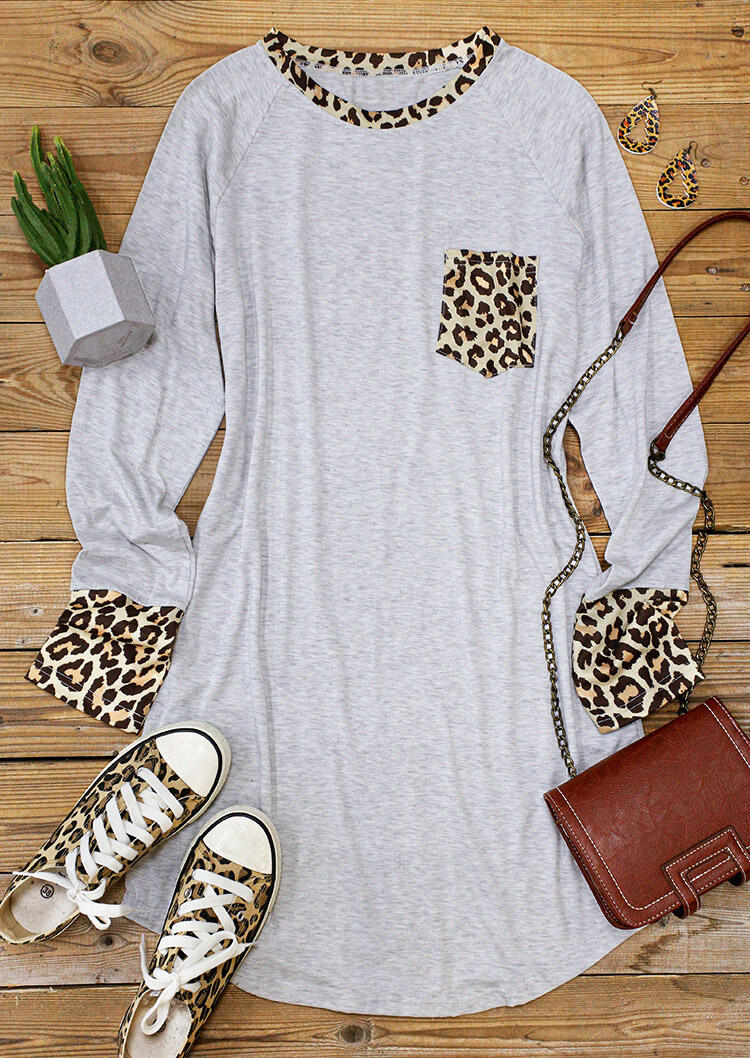 

Mini Dresses Leopard Splicing Pocket Long Sleeve Mini Dress in Light Grey. Size: ,M,L