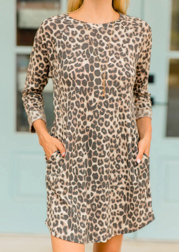 

Mini Dresses Leopard Pocket O-Neck Three Quarter Sleeve Mini Dress in Leopard. Size: ,L,XL