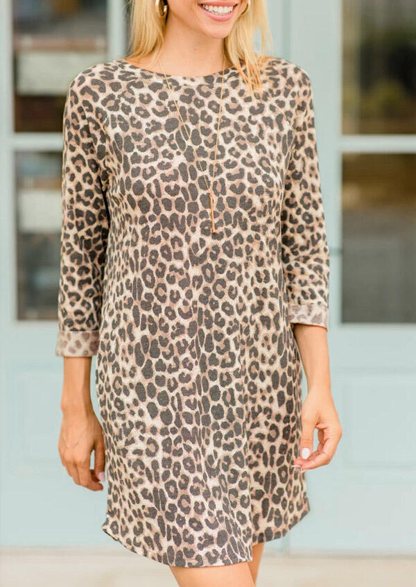 Leopard Pocket O-Neck Three Quarter Sleeve Mini Dress