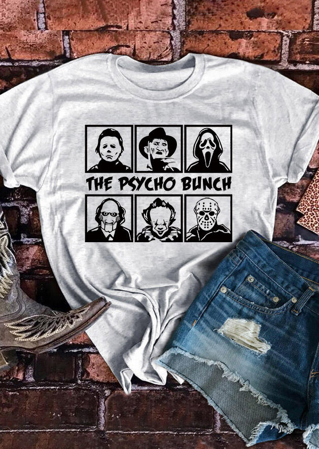 Halloween Horror Movie The Psycho Bunch Graphic T-Shirt Tee - White