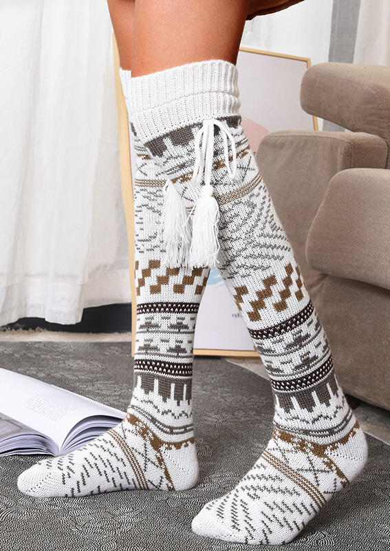 

Knee-High Socks Geometric Tassel Thigh-High Socks in Beige. Size