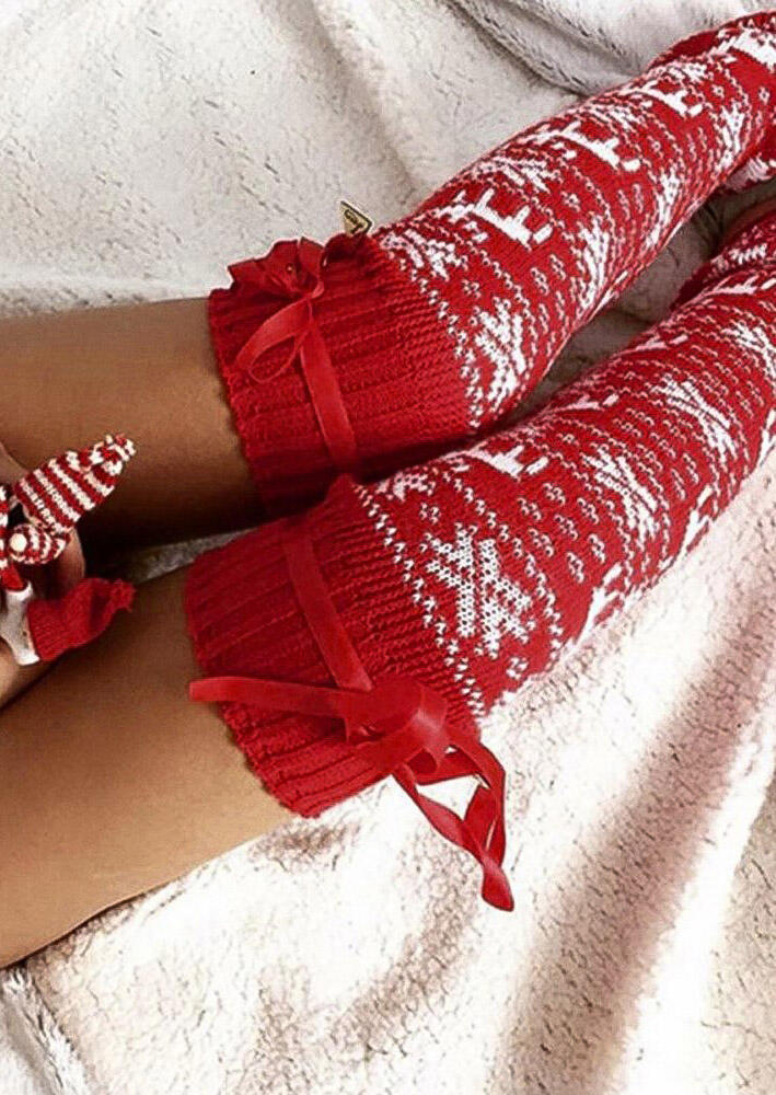 

Knee-High Socks Reindeer Knitted Thigh-High Socks in Red. Size